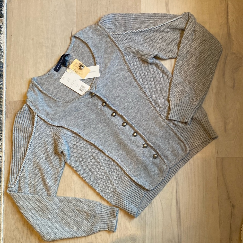 NWT! FRENCH CONNECTION Long Sleeve Pearl Button Cotton/Wool Grey Cardigan - L